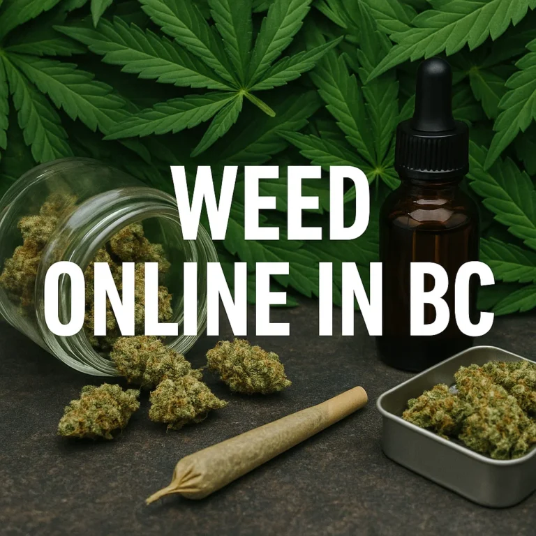 Glass jar of cannabis buds spilling beside a tincture bottle, pre-roll, and tin of flower on a leaf backdrop with the words “Weed Online in BC.”
