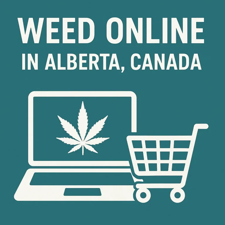 Teal graphic showing a laptop with a cannabis leaf on the screen and a shopping cart, with the text “Weed Online in Alberta, Canada.”