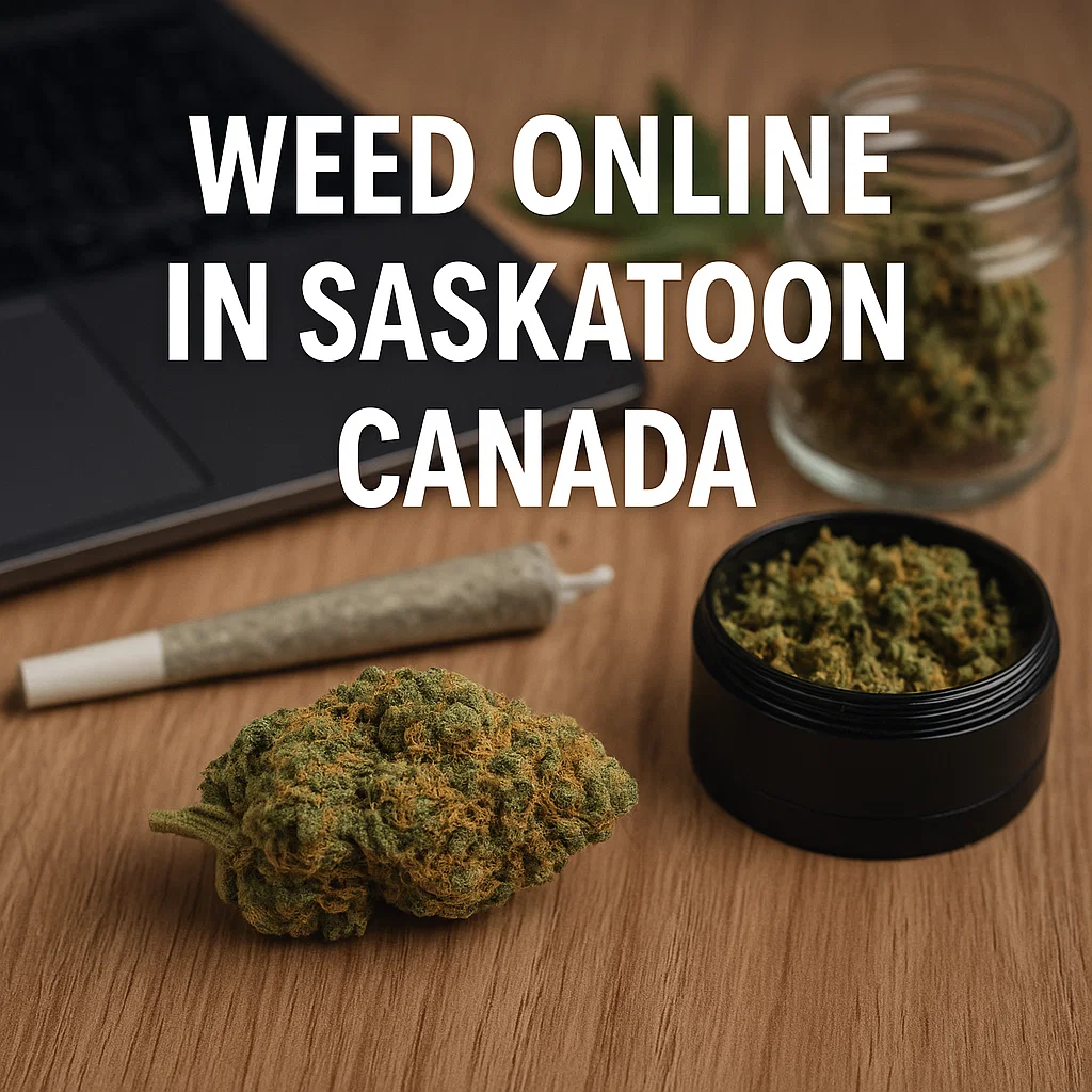 Close-up of cannabis bud, grinder jar, and pre-roll on a wood desk beside a laptop, overlaid text reads “Weed Online in Saskatoon Canada.”