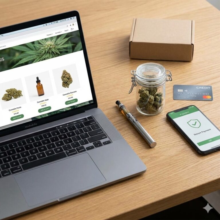Infographic titled "How To Buy Weed Online: Safe, Secure, & Discreet Delivery Guide" illustrating a 4-step process: 1. Browse & Select products on a laptop, 2. Secure Checkout via phone, 3. Discreet Packaging in a plain box, and 4. Track & Receive delivery to your door.