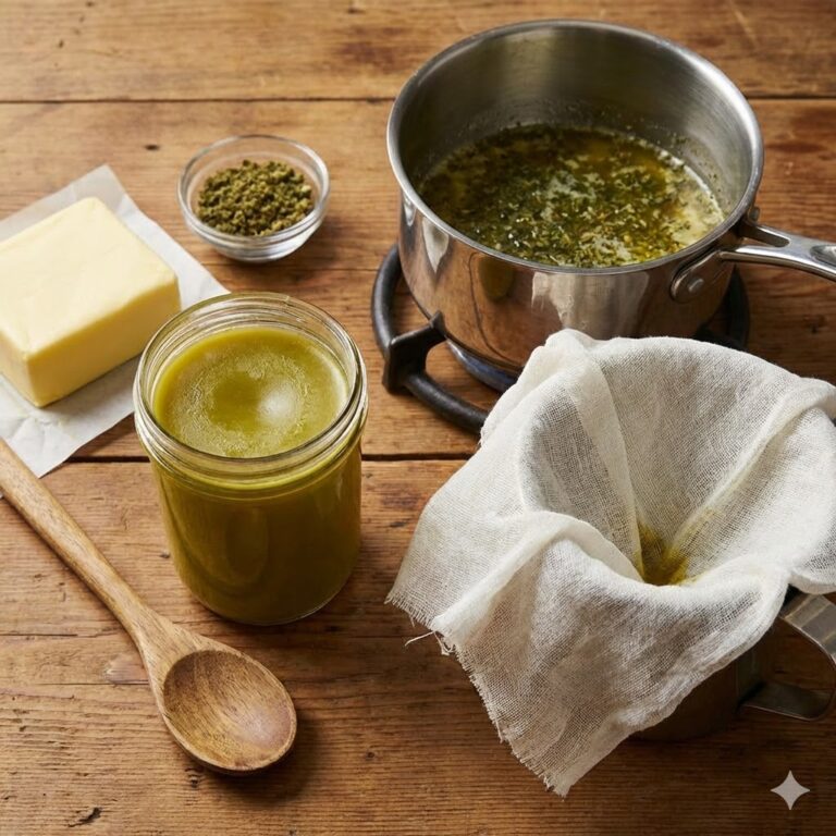 High-angle shot of cannabutter making supplies on a wooden table, including a jar of finished green butter, a block of yellow butter, a small bowl of ground cannabis, a pot of simmering liquid, and a cheesecloth strainer.