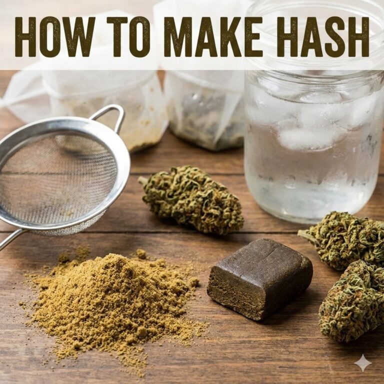 Square featured image with the text "How To Make Hash" displaying a wooden table with cannabis buds, a metal sieve, bubble bags, a jar of ice water, a pile of golden kief, and a pressed brick of hashish.