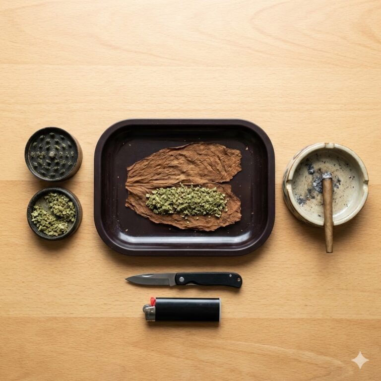 Overhead flat lay photo on a wooden table featuring blunt rolling essentials: a black grinder, rolling tray with tobacco leaf and cannabis, pocket knife, lighter, and a lit blunt in an ashtray.