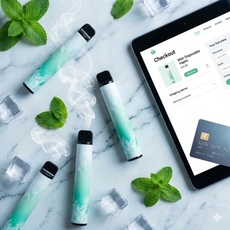 Overhead flat lay photo on a marble surface featuring four mint-colored disposable vape pens surrounded by fresh mint leaves and ice cubes, next to a tablet showing an online checkout screen for "Mint Disposable Vapes".