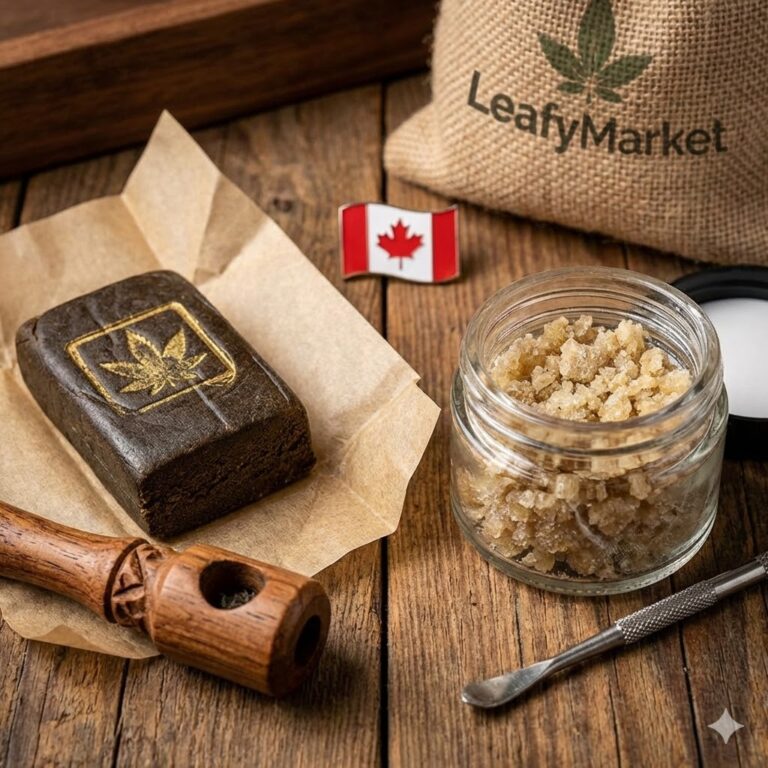 A block of traditional stamped hash and a glass jar of granular fresh frozen live hash sit on a wooden table next to a wooden pipe, a metal dab tool, a LeafyMarket burlap sack, and a Canadian flag pin.