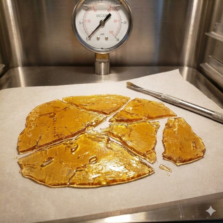 Close-up shot inside a stainless steel vacuum oven showing a slab of translucent, golden shatter broken into large shards on parchment paper, with a metal dabbing tool and a vacuum pressure gauge in the background.