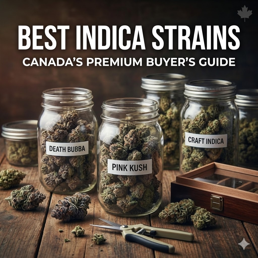 Glass mason jars filled with premium craft indica weed strains, including Death Bubba and Pink Kush, sitting on a rustic wooden table next to trimming scissors and a wooden stash box.