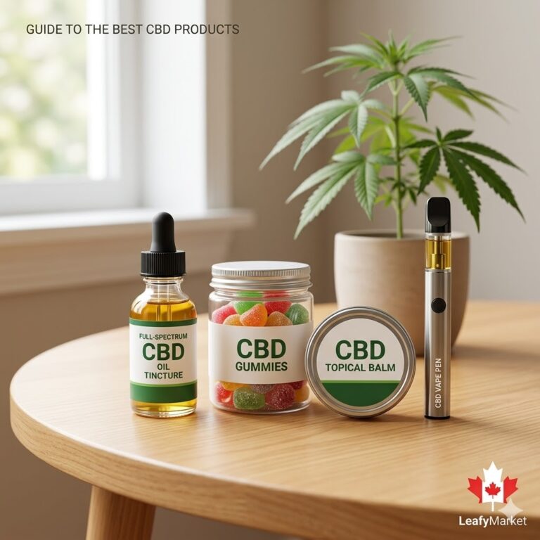 A wooden table displaying a bottle of full-spectrum CBD oil tincture, a jar of CBD gummies, a tin of CBD topical balm, and a silver CBD vape pen next to a potted hemp plant.