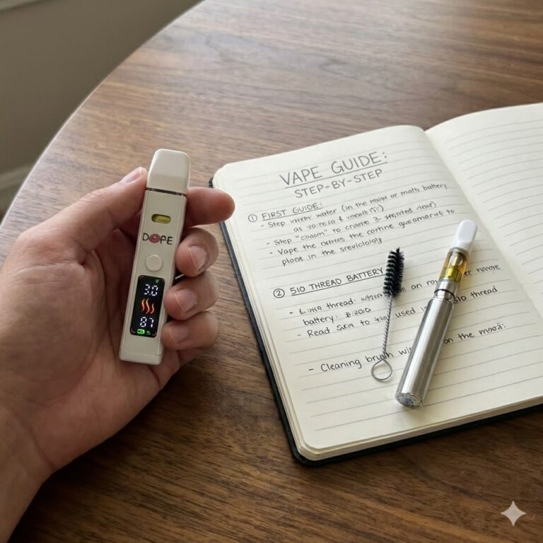 An instructional infographic titled "How to Use a Vape Pen" showing the anatomy of a vape, how to charge and use a 510-thread battery, and how to use a disposable vape.
