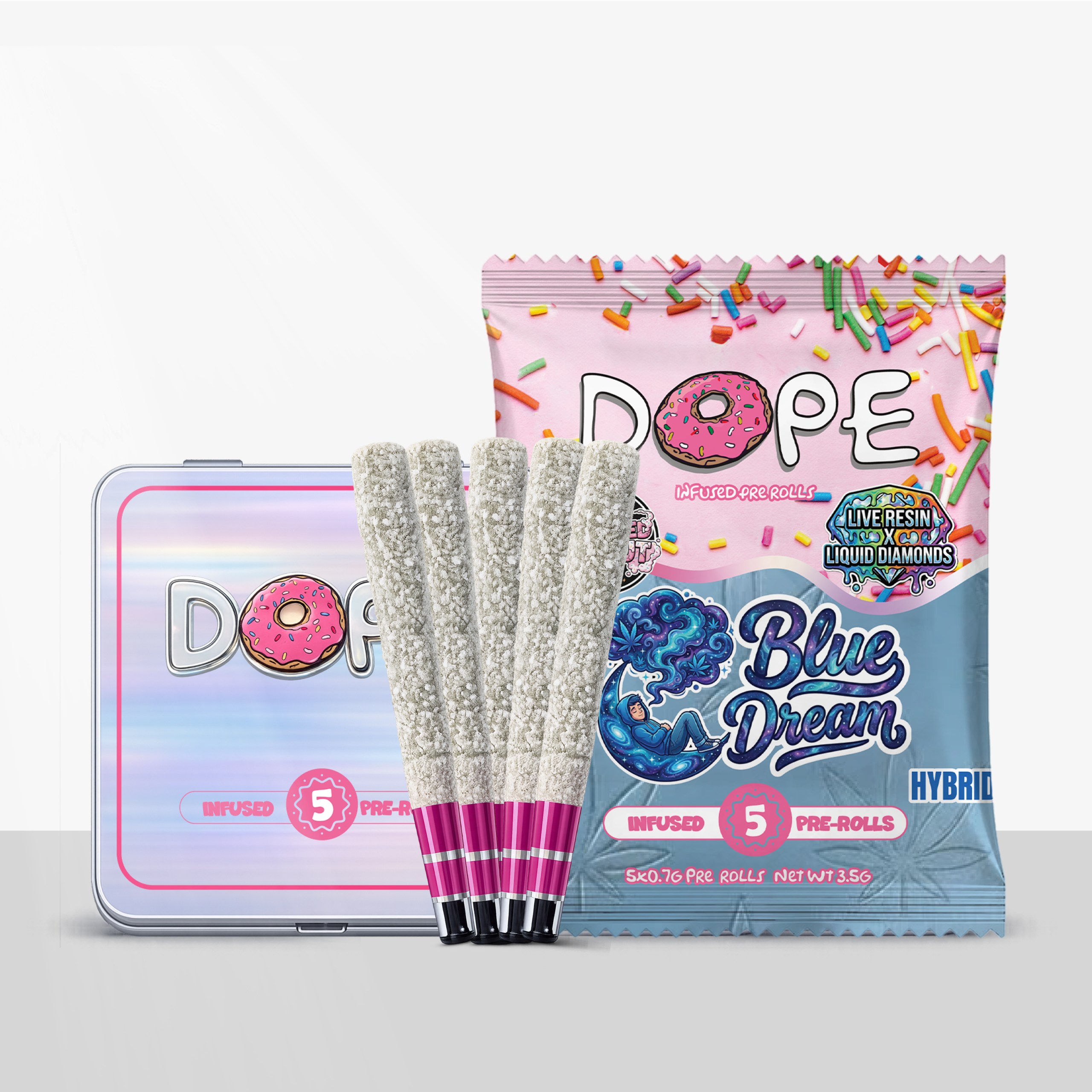 DOPE-Infused-Tin-Frosted-Donut-Pre-Roll-Pack-5-07g-Blue-Dream-Hybrid DOPE Infused Tin Frosted Donut Pre Roll Pack 5 x 0.7g - Image 1