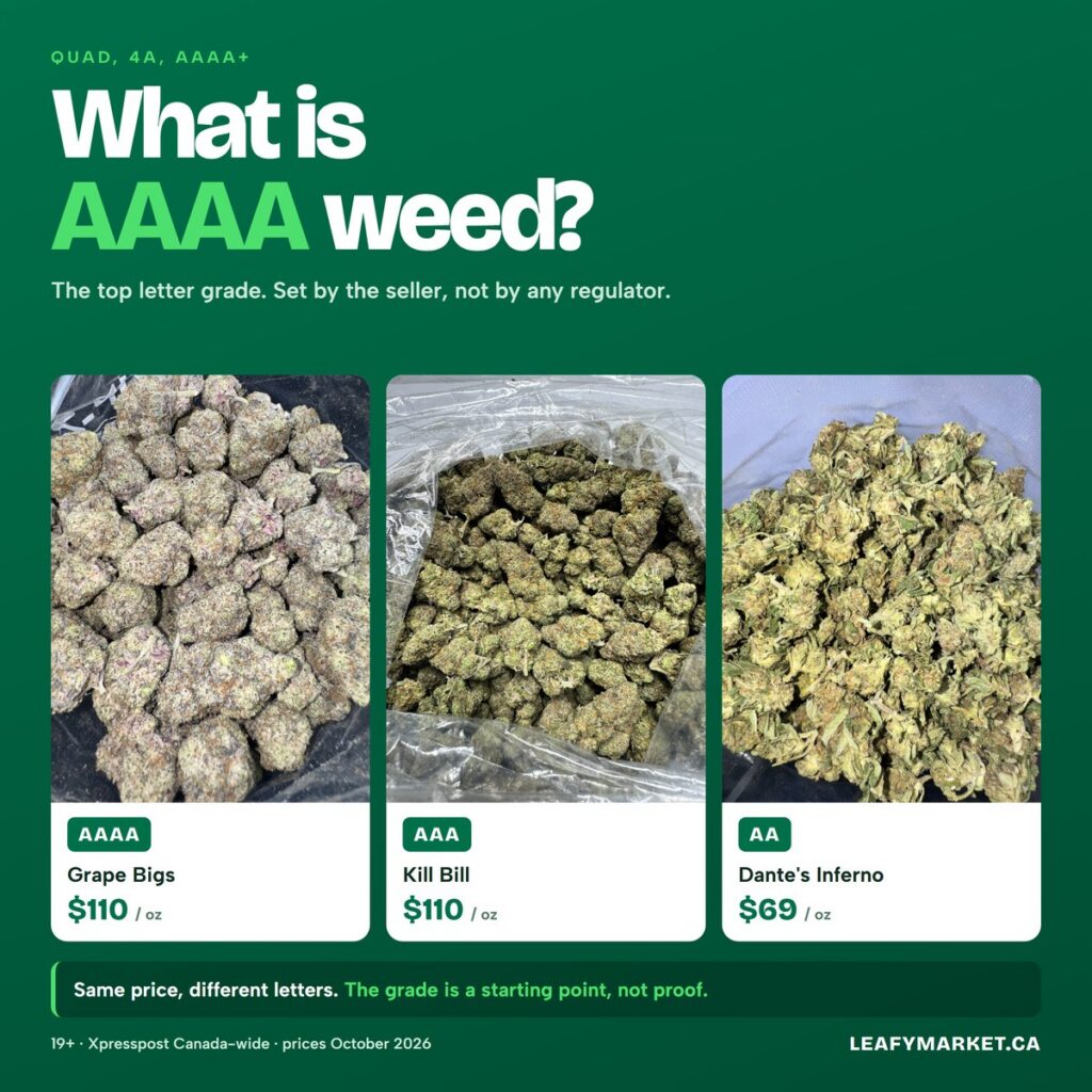 What is AAAA weed: AAAA Grape Bigs, AAA Kill Bill and AA Dantes Inferno flower with ounce prices at Leafy Market